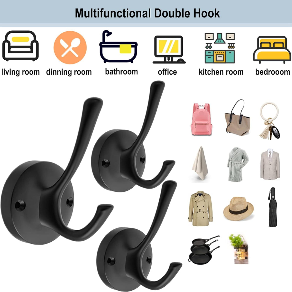 Black Towel Hooks for Wall, 5 Pack Coat Robe Hook Heavy Duty Metal Double Bath Hook Wall Mounted