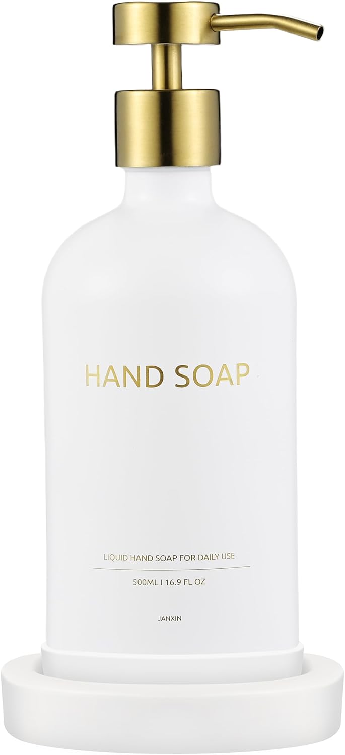 Glass Soap Dispenser Set by Janxin,Bathroom Soap Dispenser Set with Ceramic Tray,Luxury Bathroom