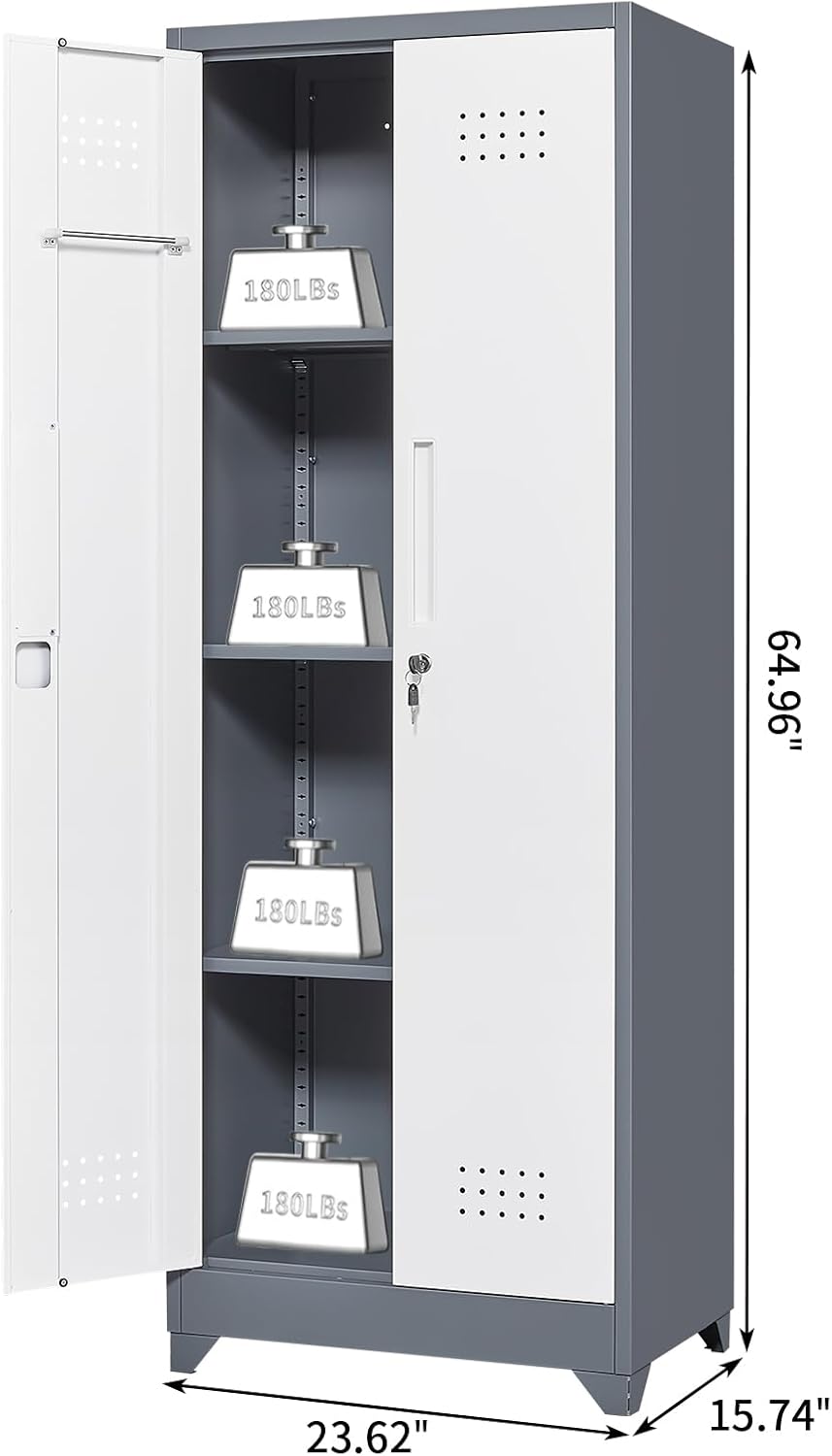 Broom Closet, Metal Storage Cabinet with Hanging Rod, 65" Broom Tool Organizer, Metal Cabinet with