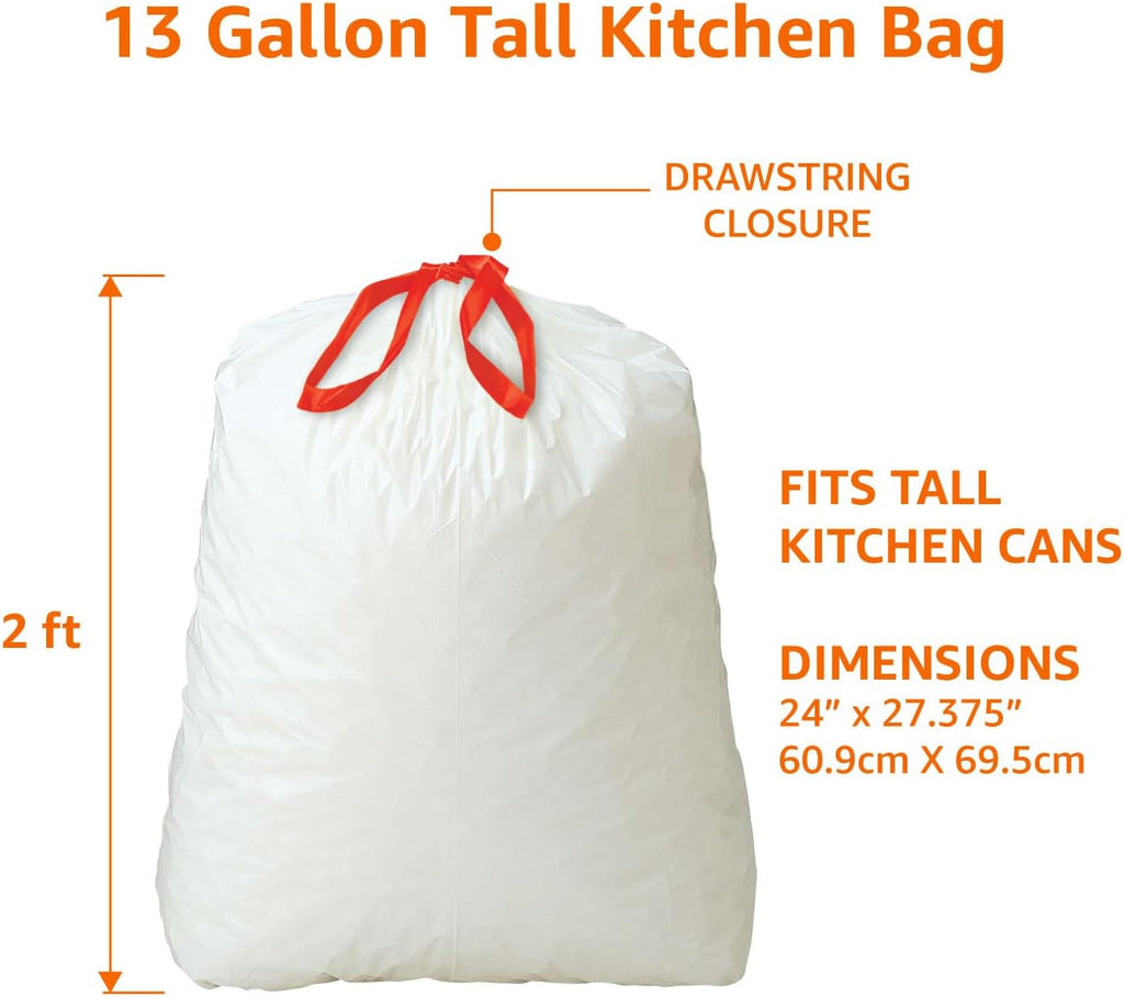 Amazon Basics 13 Gallon Tall Kitchen Drawstring Trash Bags, Unscented, 10% Post Consumer Recycled