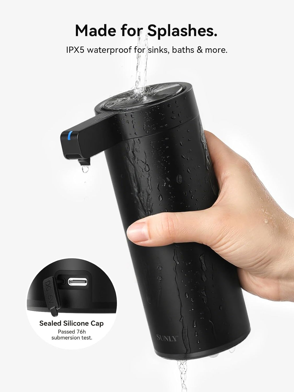 SUNLY Touchless Automatic Soap Dispenser – Clog-Free Pump, 0.2s Fast Sensor, USB-C Rechargeable