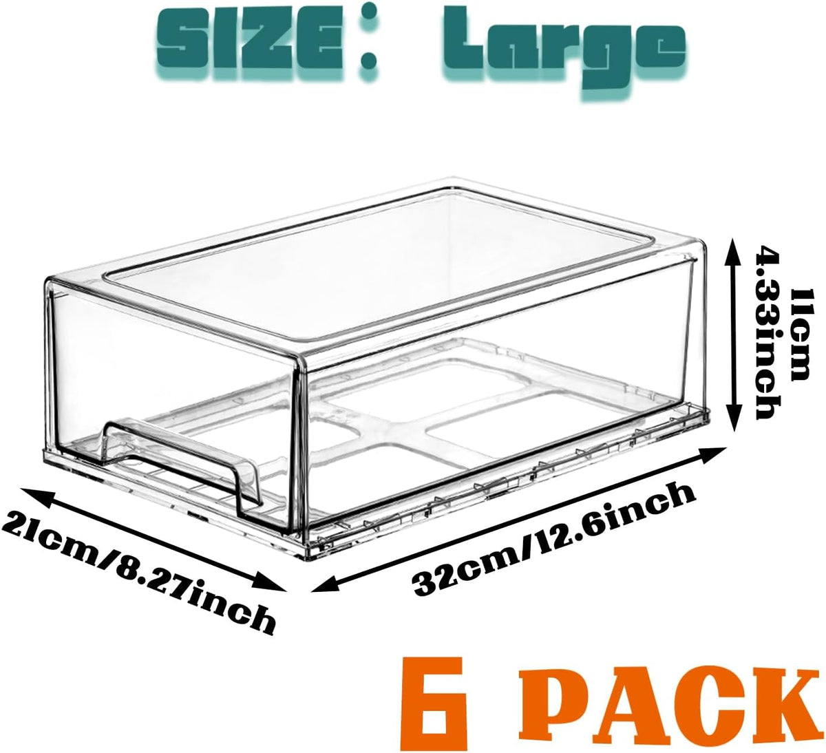 PeJeyiee 6 Pack Clear Stackable Refrigerator Organizers and Storage Drawers - Pull-Out Fridge Bins