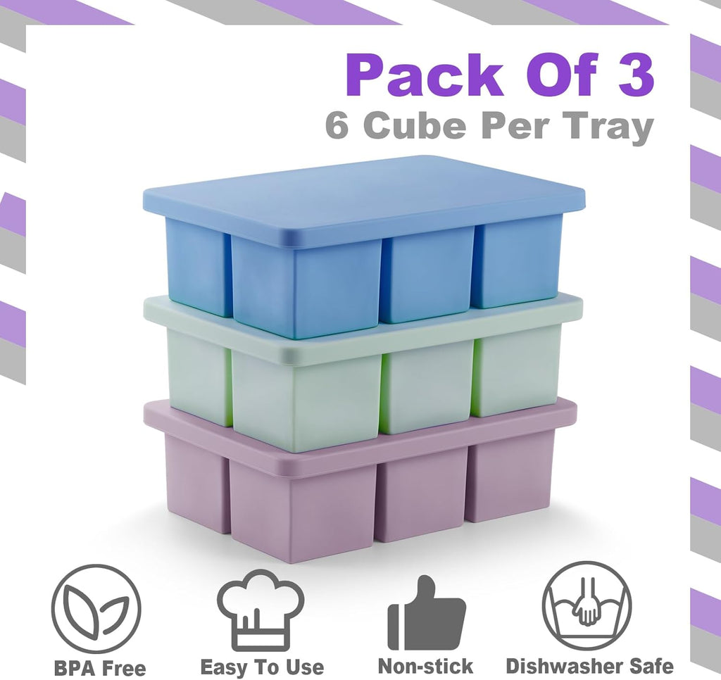 Nax Caki Ice Cube Trays 3 Pack - Large Size Silicone Ice Cube Molds(3 color) for Whiskey Ice Cube