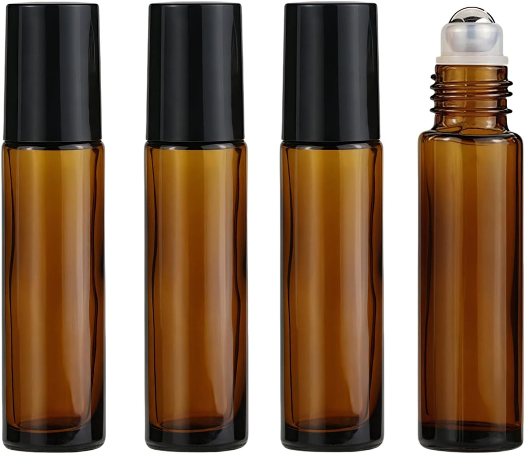 4 Pack 10ml Oil Essential Stainless Roller Bottles, Refillable Amber Glass Roller Bottles for