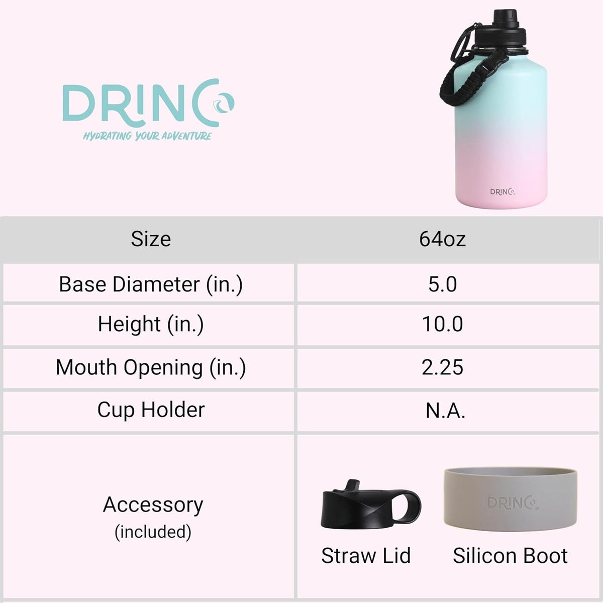 DRINCO Stainless Steel Water Bottle Spout Lid Vacuum Insulated Double Wall Water Bottle Wide Mouth