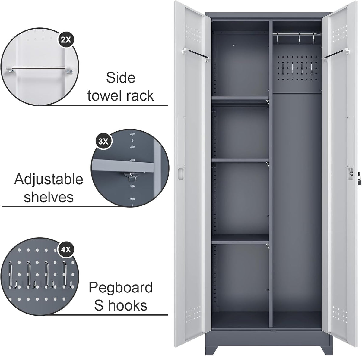 Broom Closet, Metal Storage Cabinet with Hanging Rod, 65" Broom Tool Organizer, Metal Cabinet with