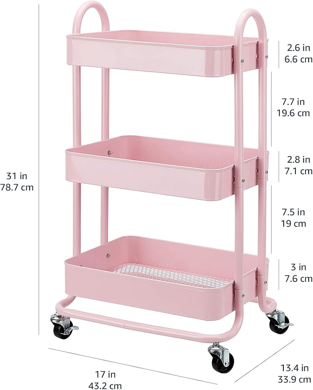 Amazon Basics 3-Tier Rolling Utility or Kitchen Cart, Lockable Wheels, Multifunctional Storage