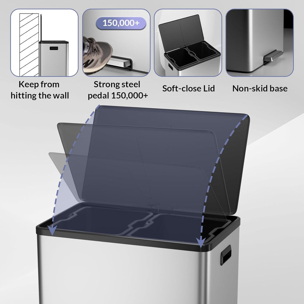 GarveeHome Step Dual Trash Can, 60L/16 Gallon Recycle Bins with Lid, 2 Removable Wastebusket, Step