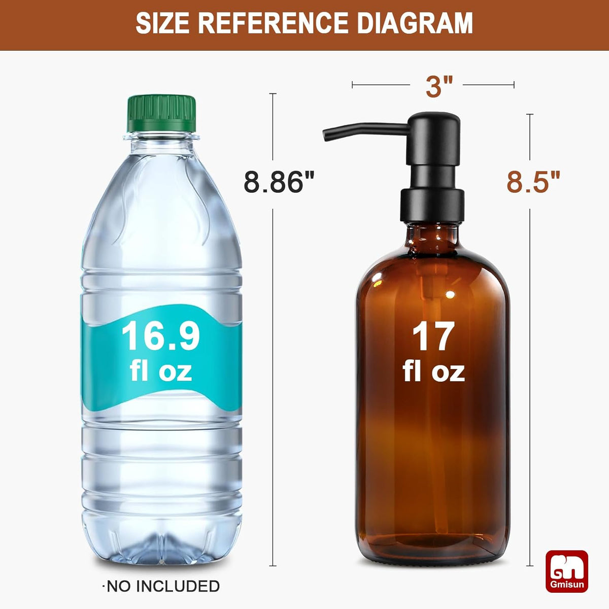 GMISUN Amber Glass Soap Dispenser, 2 Pack Bathroom Hand Soap Dispensers with Stainless Steel Pump