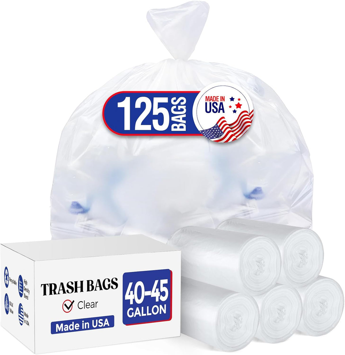 Delxo 40-45 Gallon Clear Trash Bags, 125 Count – Medium Duty Garbage Bags, Thick, Durable &