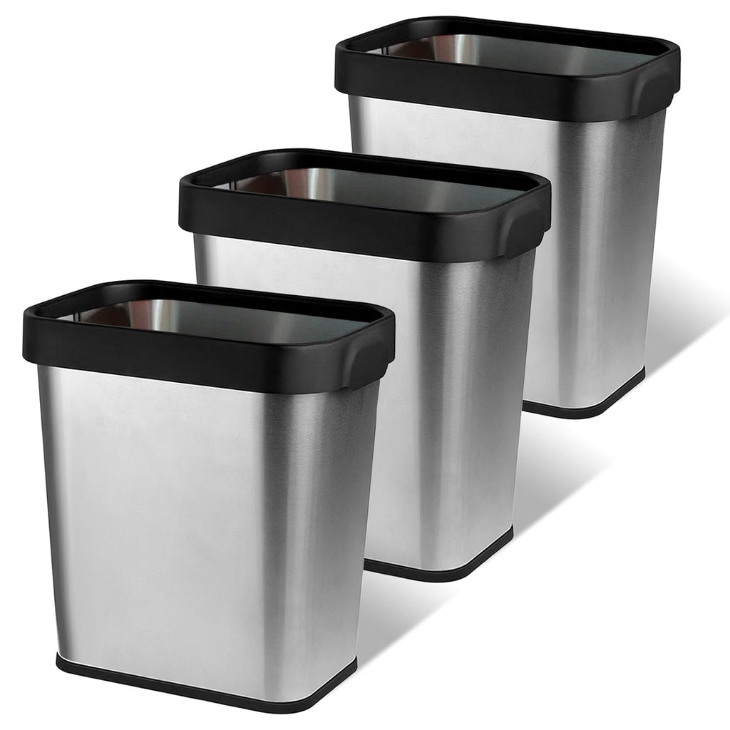 3 Pack Stainless Steel Trash Can 3 Gallon, Open Top Trash Can, 8" x 11" x 13", Rectangle Rubbish