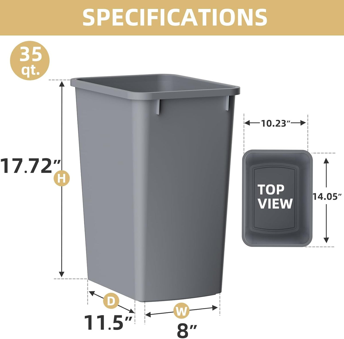 35 Quart Plastic Trash Can, Under Canbinet Waste Bin, 9-Gallons Slim Trash Can for Kitchen Bedroom