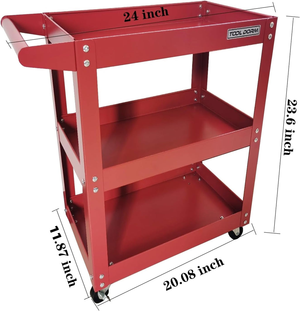 Utility Service Cart, 3 Shelf 150LBS Heavy Duty Steel Rolling Utility Cart, Medium Lipped Shelf