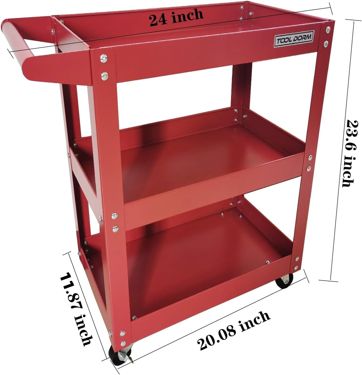 Utility Service Cart, 3 Shelf 150LBS Heavy Duty Steel Rolling Utility Cart, Medium Lipped Shelf