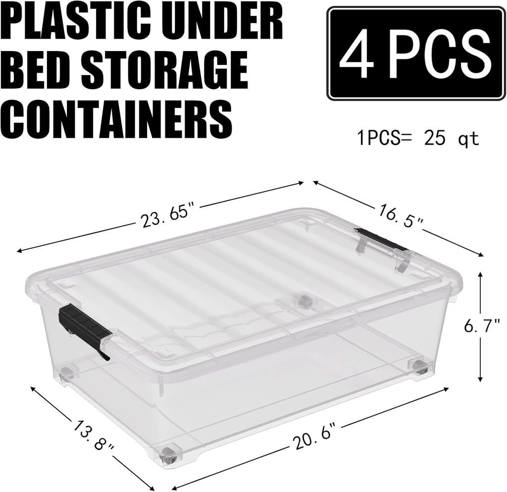 4 Pack Multipurpose 25 Qt Underbed Secure Latching Bin, Plastic Storage Container with Snap-On Lid