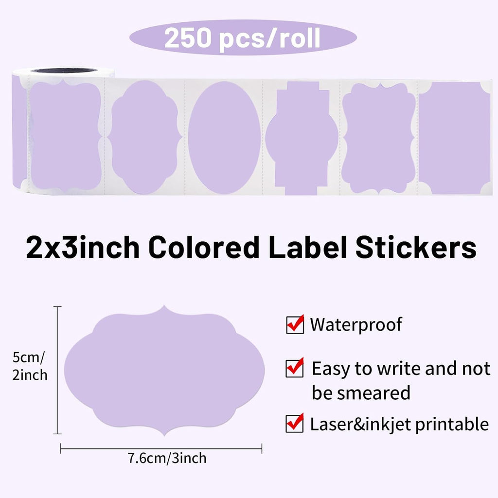 Purple Labels - 250 PCS 3" x 2" Fancy Shape Stickers for Storage Box or Food Jars