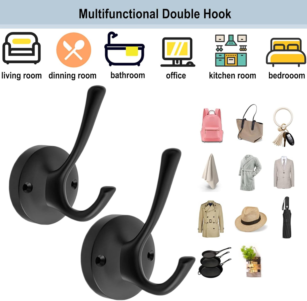 Black Towel Hooks, 2 Pack Coat Robe Hook Heavy Duty Metal Double Bathrobe Hook Wall Mounted, Hand
