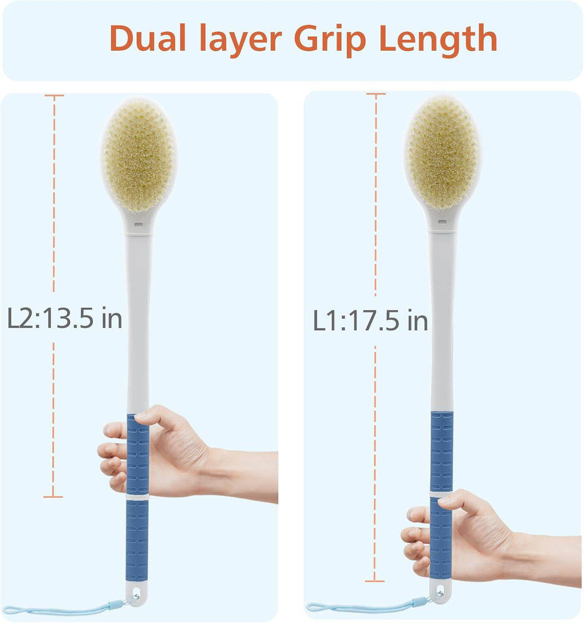 Shower Brush with Soft and Stiff Bristles,18.5" Long Handle Dual-Sided Back Scrubber Bath Brush