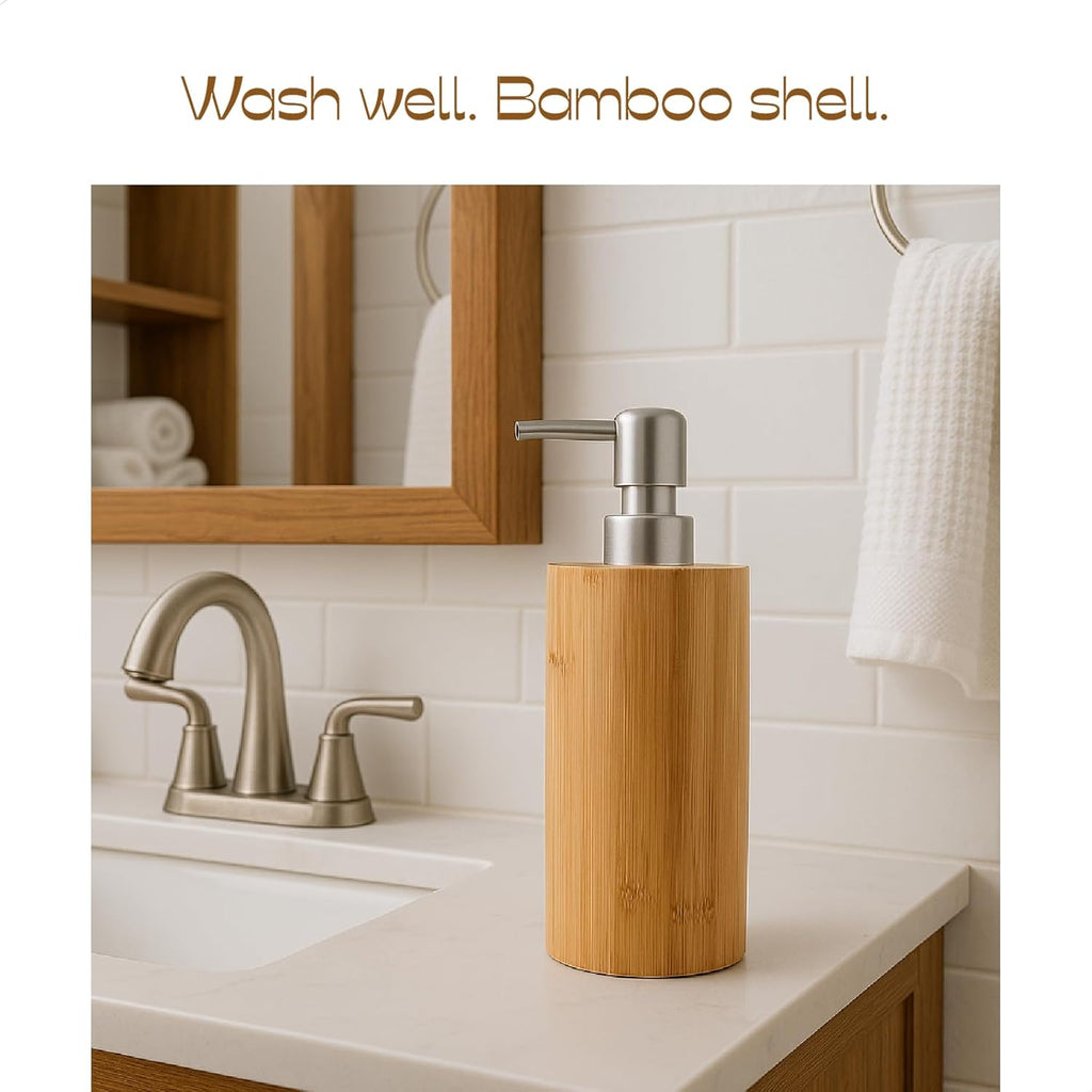 2 Pack Natural Bamboo Liquid Soap Dispensers, 10 oz Refillable Bottles with Silver Plastic Pumps