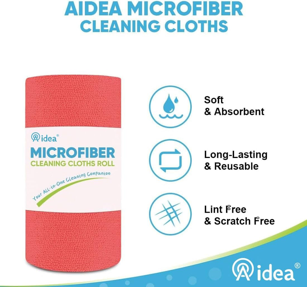 AIDEA Microfiber Cleaning Cloth Roll, Red Shop Towels 55 Sheets Washable, Microfiber Towels for