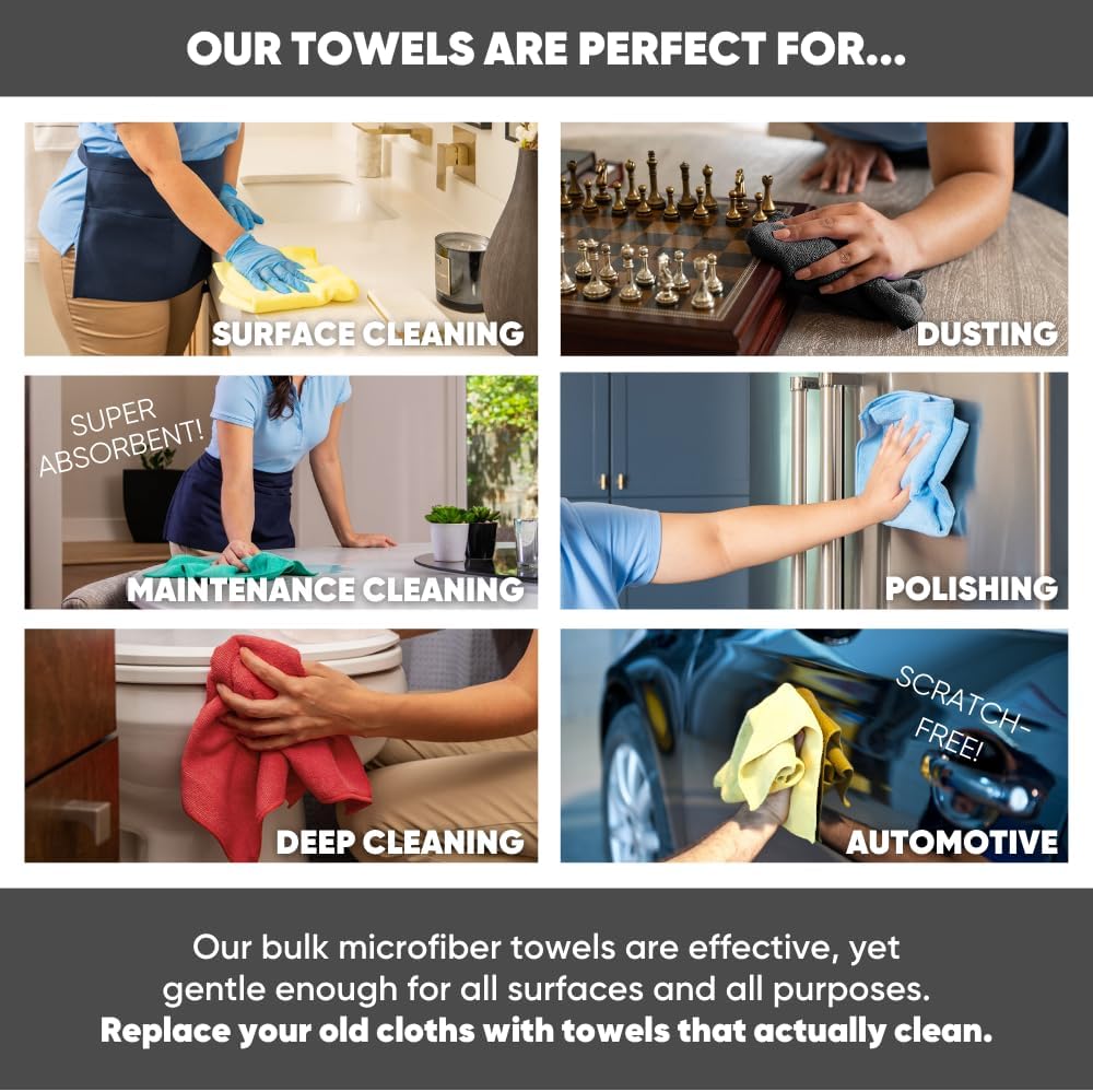 16" x 16" All Purpose Microfiber Towels - 50 Pack - Reusable Wash Cloths, Dust, Kitchen, Car, Shop