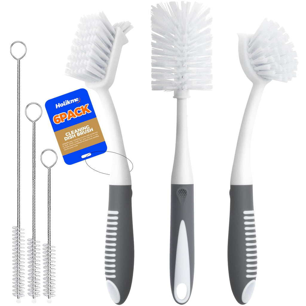 Holikme 6 Pack Dish Brush Set with Bottle Brush, Dish Scrub Brush,Gray