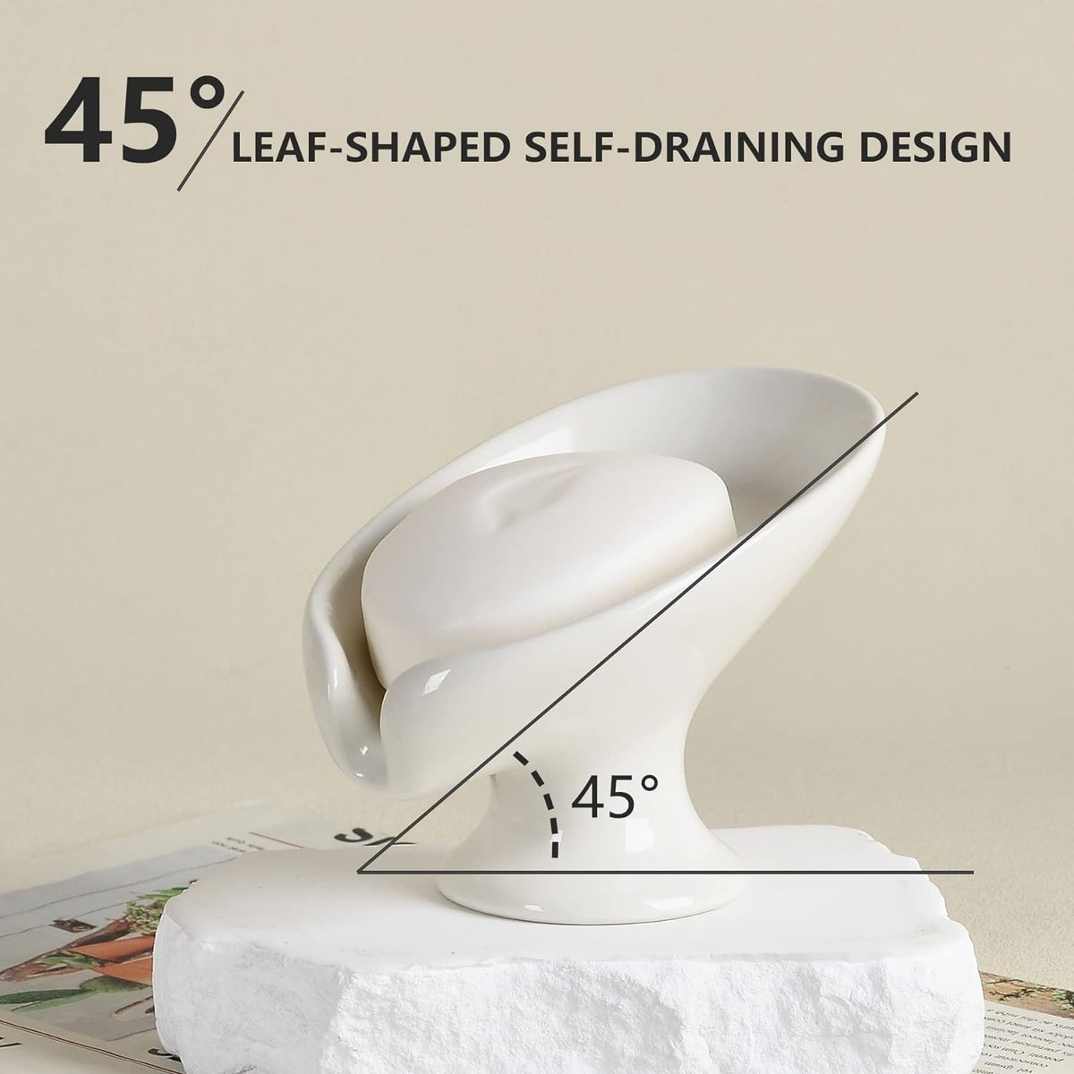 Soap Dish, Self Draining Bar Soap Holder for Bathroom Sink, Leaf-Shaped Drainage Ceramic Cream
