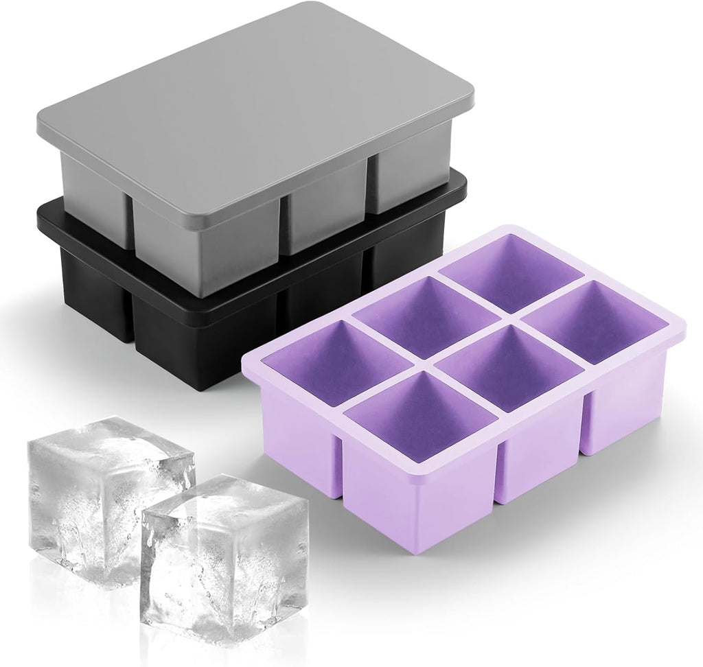 Nax Caki 3 Pack Silicone Large Ice Cube Tray with Lid, Stackable Big Silicone Square Ice Cube Mold