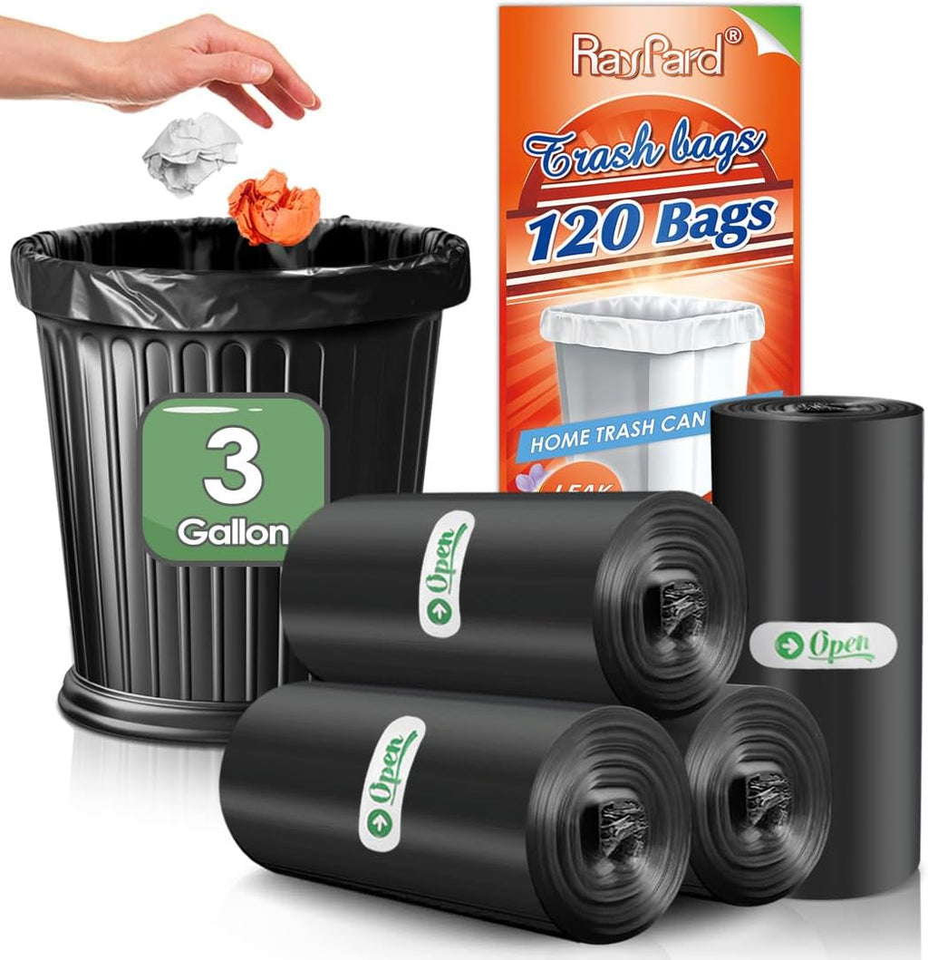 3 Gallon 120 Counts (fit 2.6-3.3 Gal) Small Trash Bags Garbage Bags by RayPard, 10-12 Liter Waste