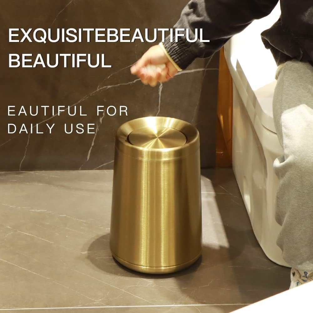 Household Swing Gold Bathroom Trash Can，Brushed Stainless Steel，10 L/3 Gallen，Garbage Can with