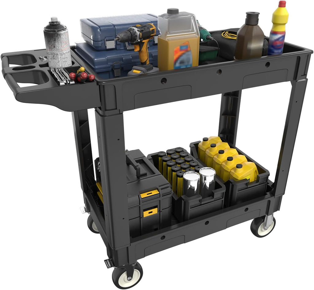 2 Tier Plastic Rolling Cart Utility Cart on Wheels, Heavy Duty Tool Carts with Ergonomic Storage