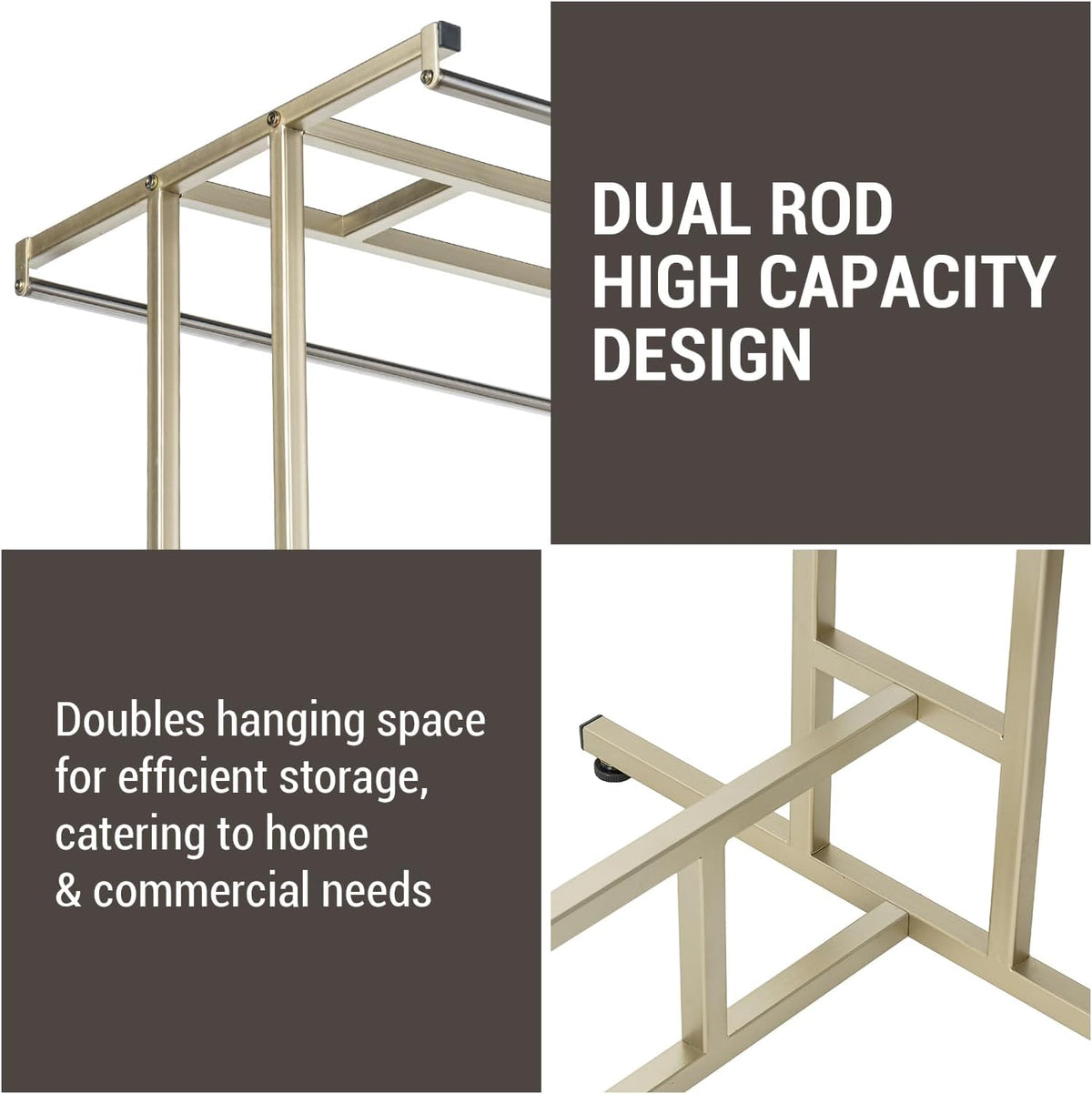 MyGift 4ft Tall Brass Tone Stainless Steel Freestanding Garment Rack, Heavy Duty Double Rod Clothes