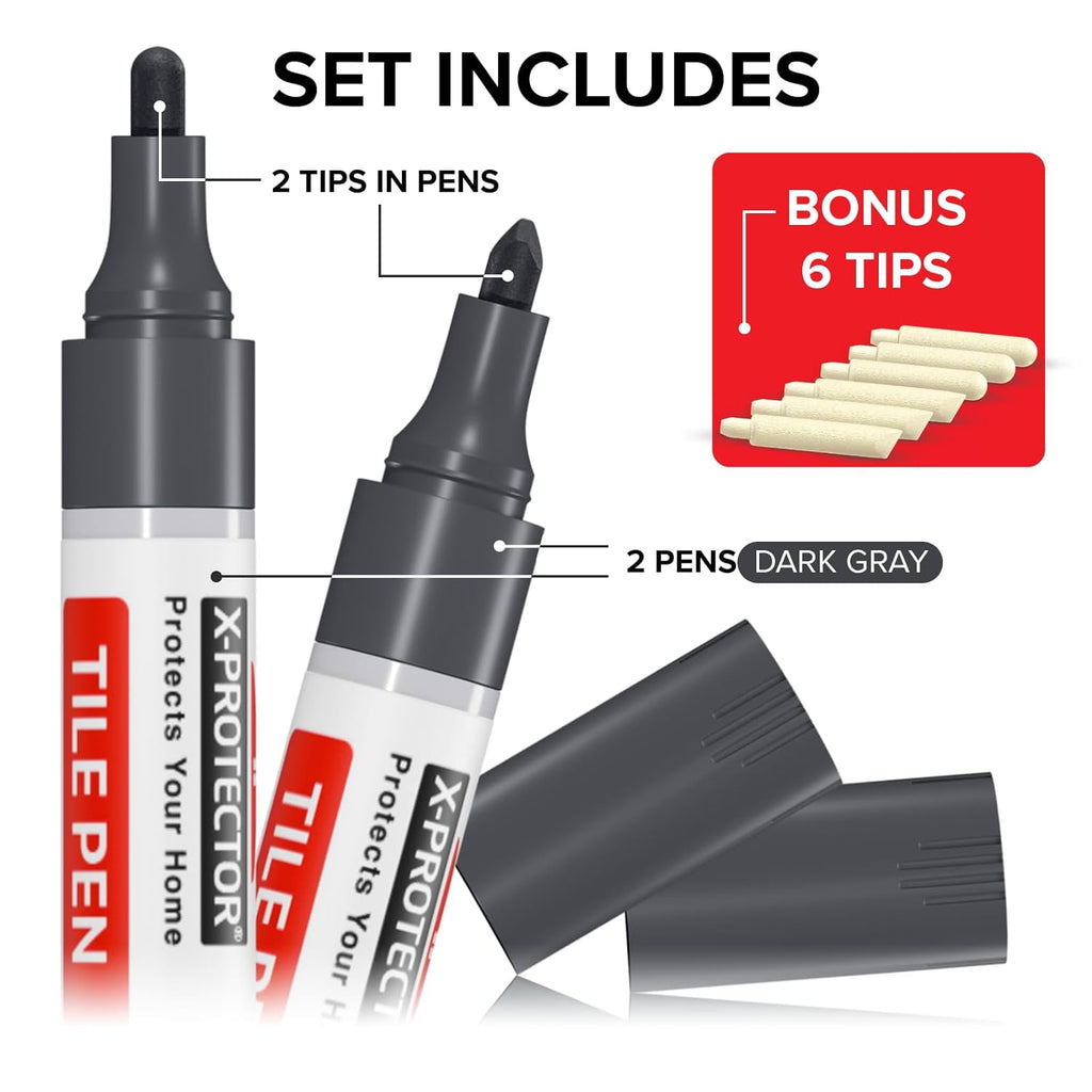 X-Protector Water Based Grout Marker - 2 PCS with 8 Tips, Dark Gray
