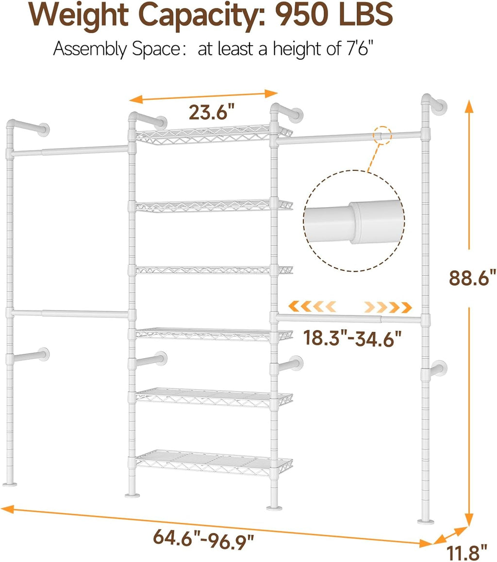 ONBRILL H3 Wall Mounted Closet System, Expandable Industrial Pipe Clothes Rack Clothing Rack for