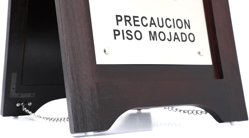 Premium Wooden Caution Wet Floor Sign – Bilingual w/Non-Skid Plastic Feet, Brushed Nickel Plate