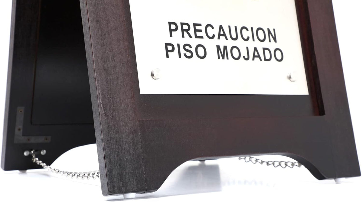 Premium Wooden Caution Wet Floor Sign – Bilingual w/Non-Skid Plastic Feet, Brushed Nickel Plate