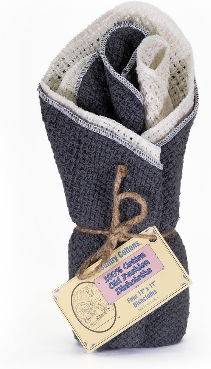 Old Fashion 100% Cotton Dishcloths - Set of 4 Mixed Colors - 2 Gray/2 Natural -11" x 11"