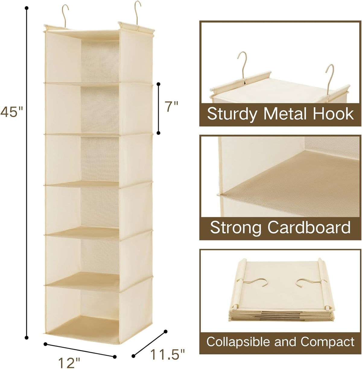 MAX Houser 6 Tier Shelf Hanging Closet Organizer, Cloth Hanging Shelf with 2 Sturdy Hooks for