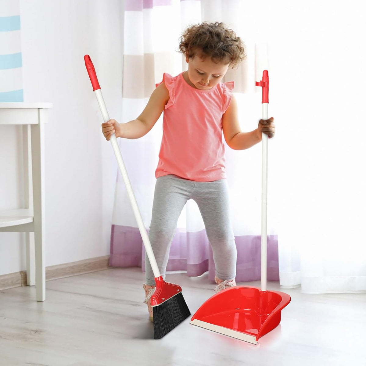 WILLBOND Set of 8 Broom and Dustpan Set Long Handle Broom with Upright Standing Dustpan Broom with