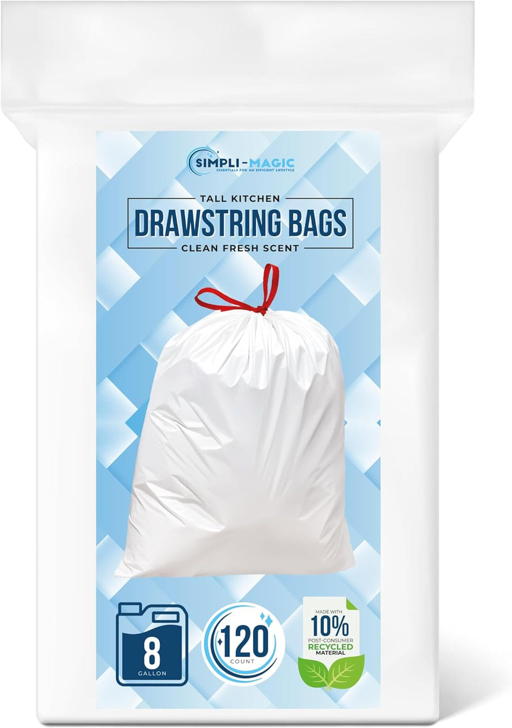 SIMPLI-MAGIC 8 Gallon Drawstring Trash Bags, 120 Pack – Tall Kitchen Garbage Bags, Custom Made with