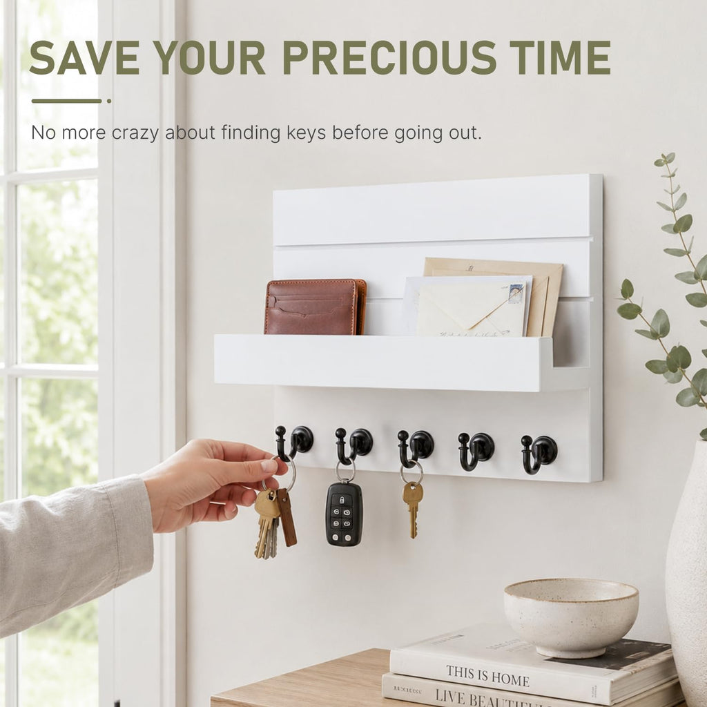 HONJIN Key Holder Wall Mount with Shelf and 5 Sturdy Key Hooks (White)