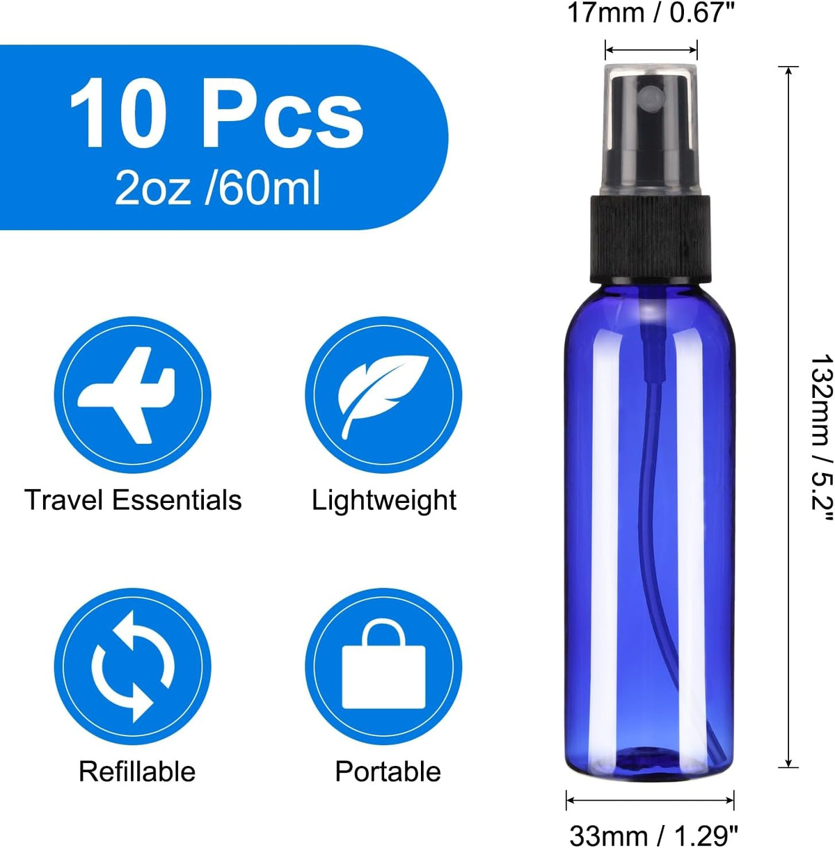 uxcell 10 Pack Spray Bottles, 2 Oz/60ML Reusable Clear Empty Mist Plastic Mini Travel Bottle