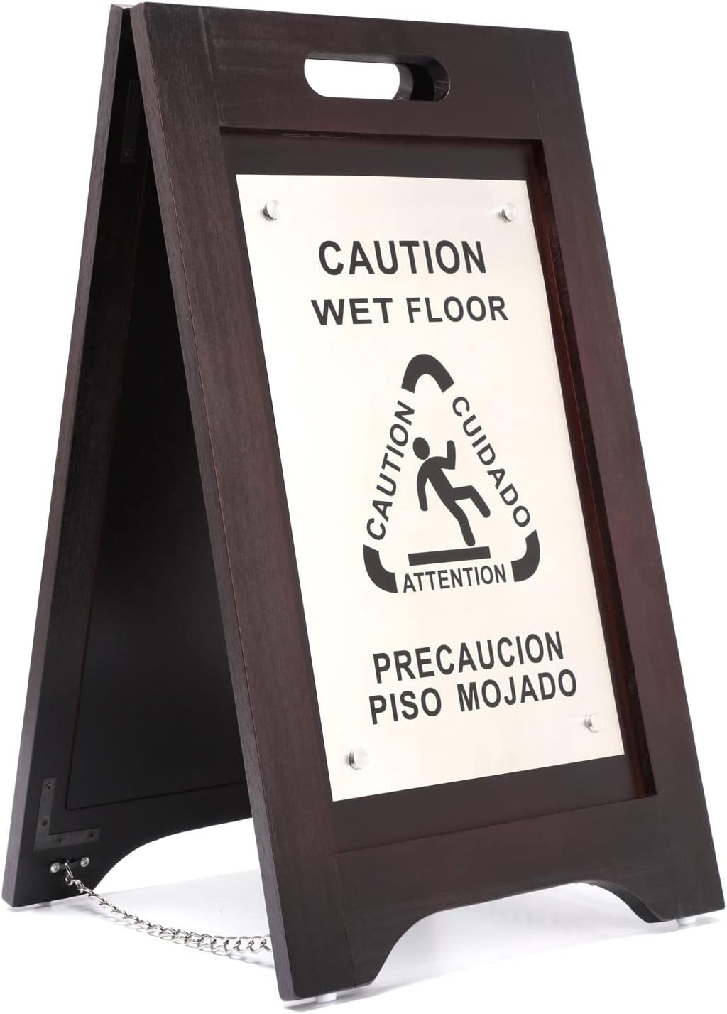 Premium Wooden Caution Wet Floor Sign – Bilingual w/Non-Skid Plastic Feet, Brushed Nickel Plate