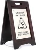 Premium Wooden Caution Wet Floor Sign – Bilingual w/Non-Skid Plastic Feet, Brushed Nickel Plate