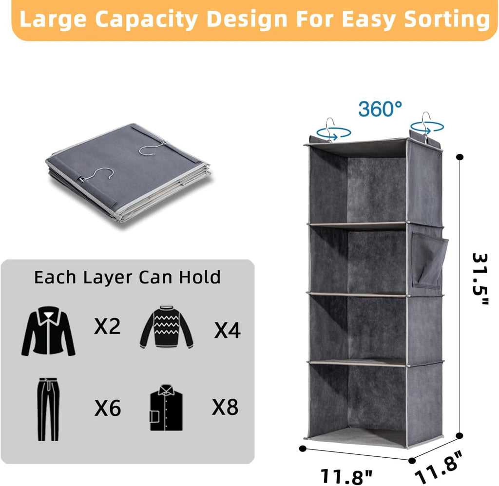 2 Packs Hanging Closet Organizer, 4-Shelf Closet Organizers and Storage with Side Pockets