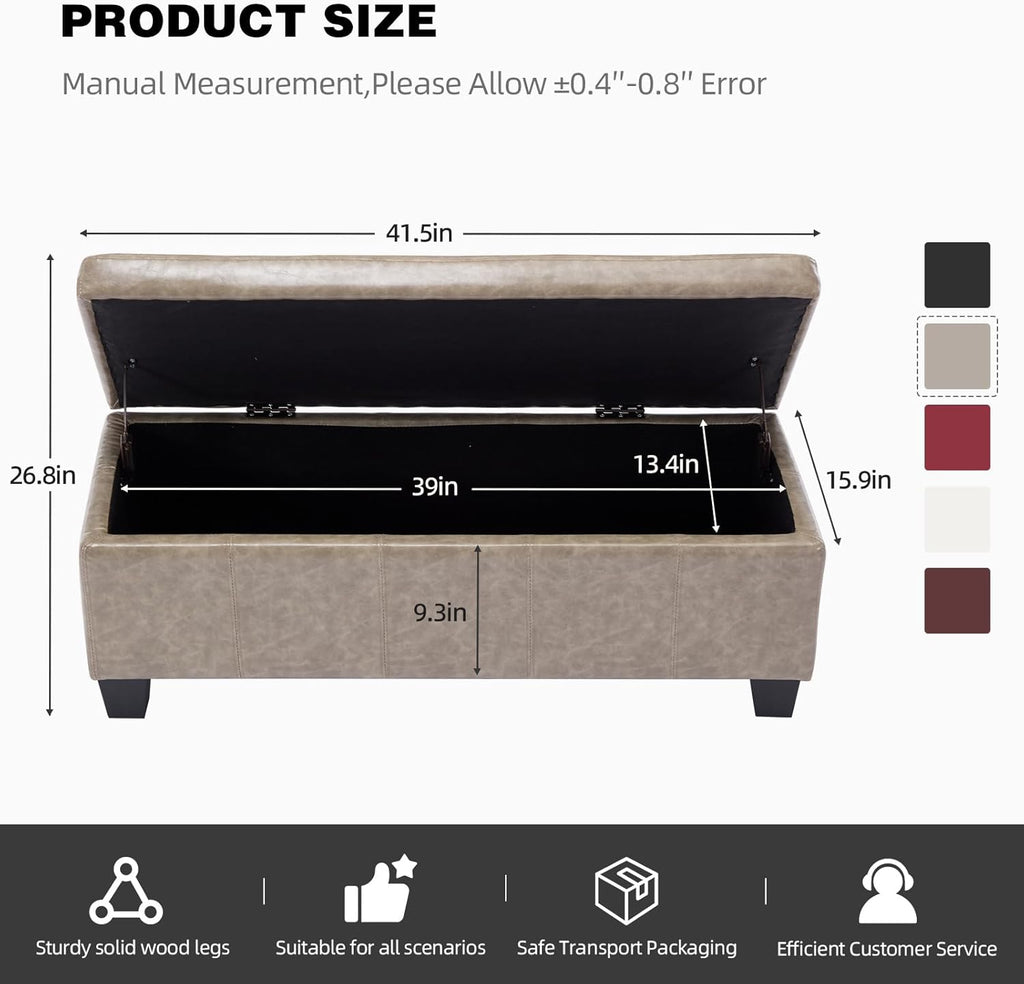Faux Leather Ottoman with Storage, 42 Inch Rectangular Storage Ottoman Bench with Safety Hinged