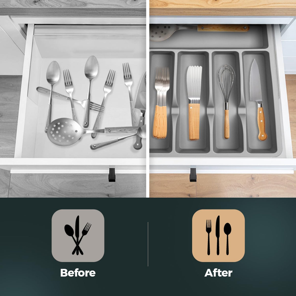 Silicone Silverware Drawer Organizer – Non-Slip Utensil Holder for Kitchen Drawers | Cutlery Tray