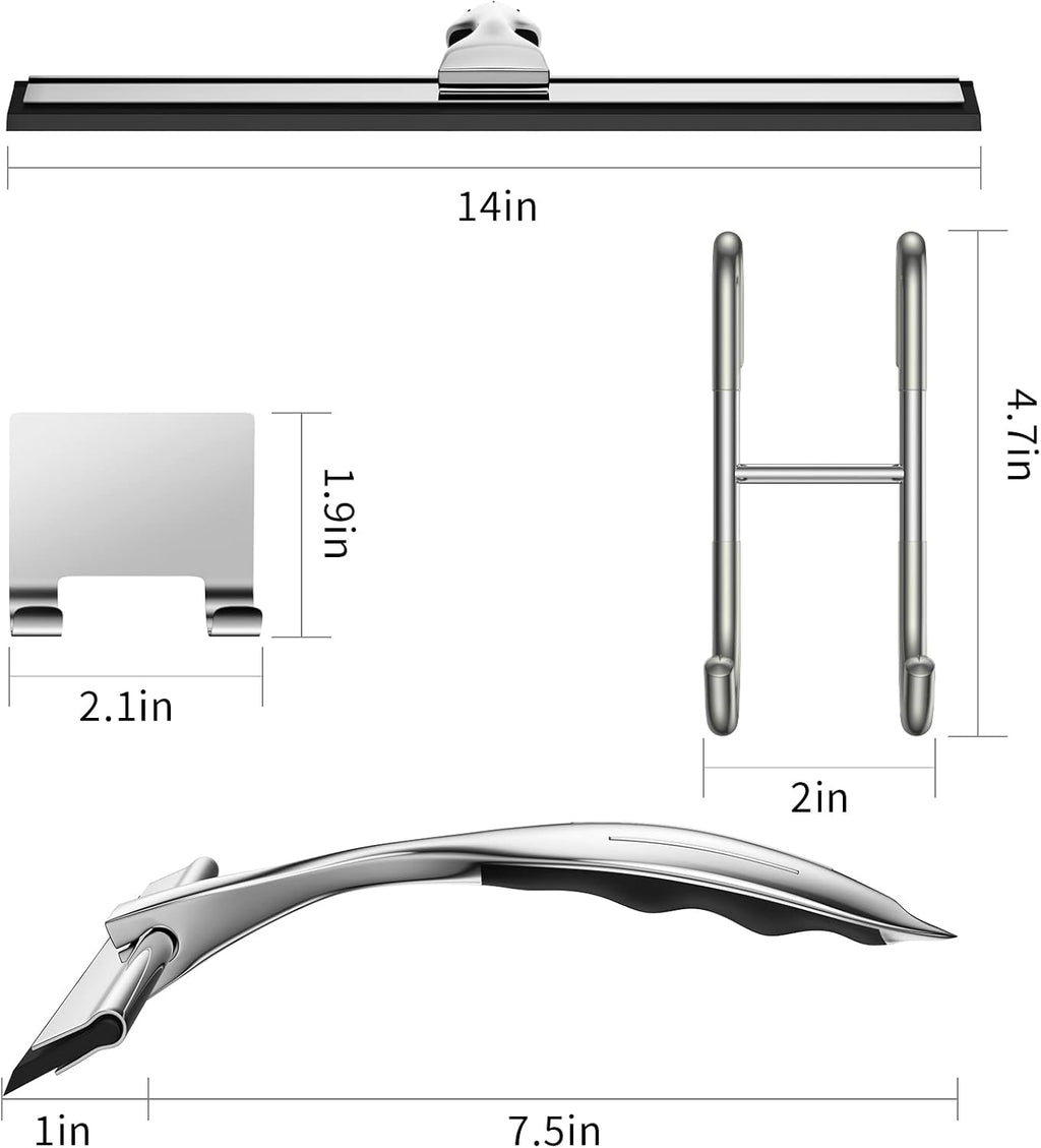 14-Inches Stainless Steel Shower Squeegee Set, Include Shower Door Hook, Adhesive Hook and Spare
