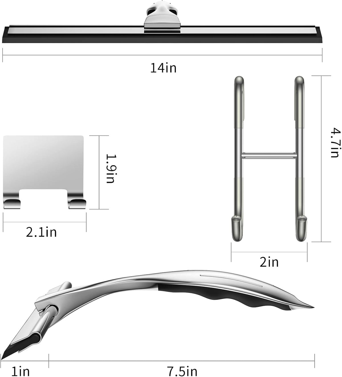 14-Inches Stainless Steel Shower Squeegee Set, Include Shower Door Hook, Adhesive Hook and Spare