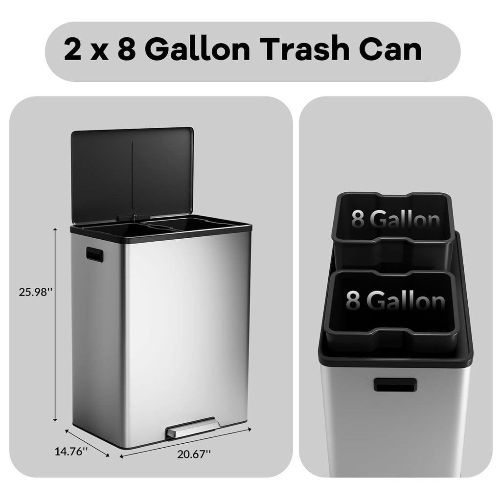 GarveeHome Step Dual Trash Can, 60L/16 Gallon Recycle Bins with Lid, 2 Removable Wastebusket, Step
